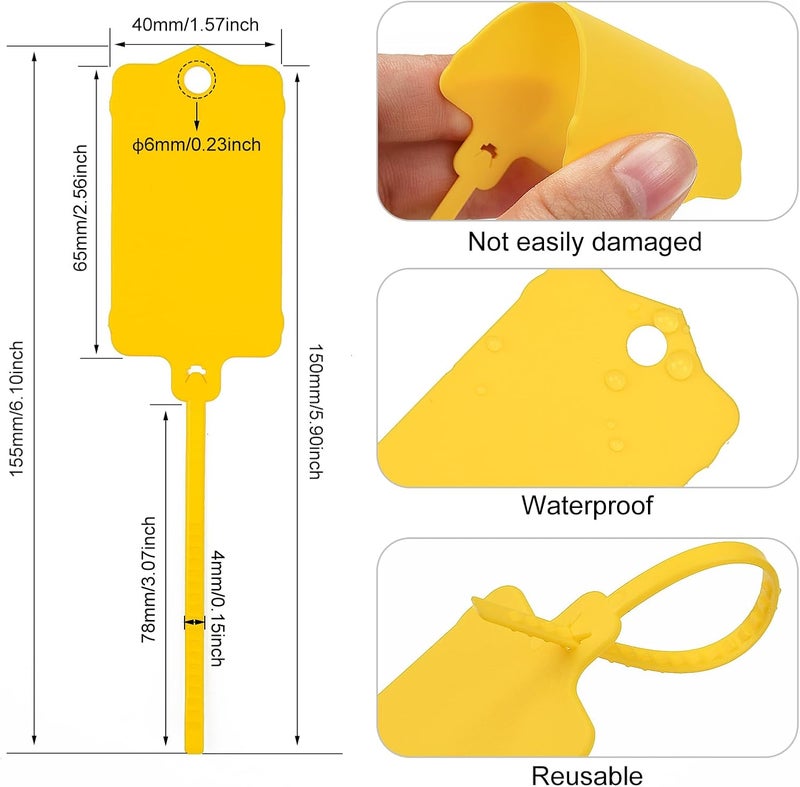 LeadSeals 100pcs Blank Plastic Tags for Labeling Reusable Hanging Tags Ties Key Tag Storage Labels Waterproof Plastic Mark Label Writable Hang Sign with One Marker Pen (Yellow) - Image 3